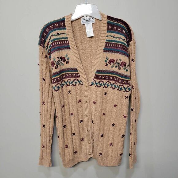 VTG 90s Jantzen Cardigan Sweater Large Brown‎ Hand Embroidered Grandma Cottage - Picture 1 of 6